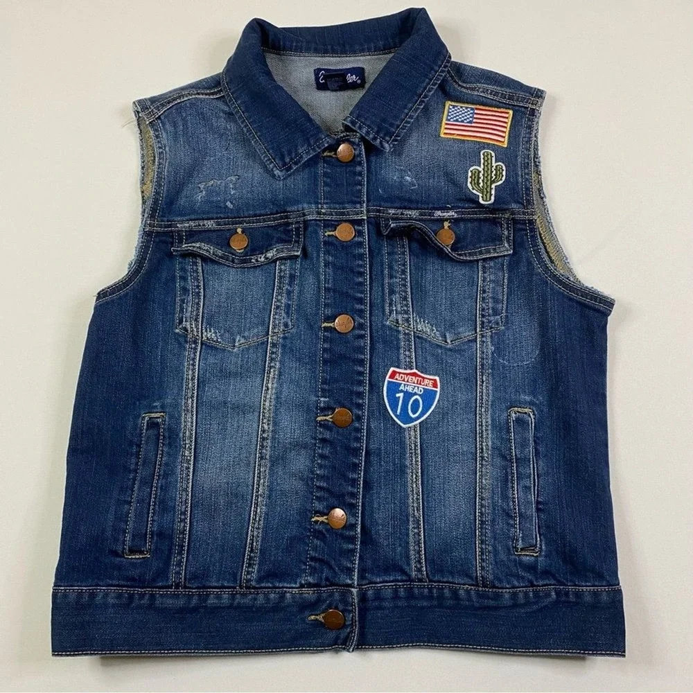Wrangler Denim Vest Girl's XL Jean Jacket Biker‎ Western Cowgirl USA Patches